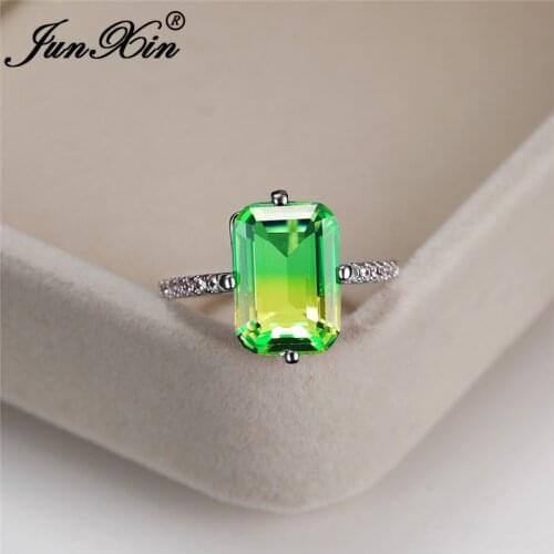 Unique Gradient Green Yellow Zircon Small Rectangle Rings For Women White Gold Rainbow Crystal Wedding Bands Party Jewelry