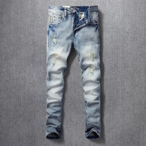 Korean Style Fashion Men Jeans Retro Light Blue Elastic Slim Fit Ripped Jeans Men Embroidery Designer Street Denim Punk Pants