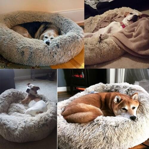 Round Plush Dog Bed Basket Kennel Cat House Winter Warm Sleeping Bag Cats Nest Soft Long Plush Pet Cushion for Medium Large Dogs