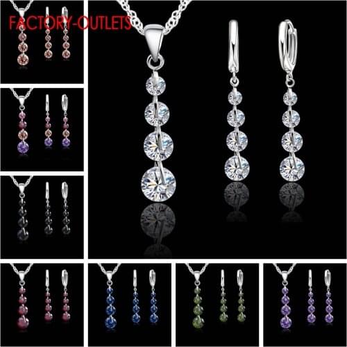 925 Sterling Silver Pendant Necklaces Hoop Earrings Set Fashion Jewelry Round CZ Crystal Women Girls Engagement Anniversary