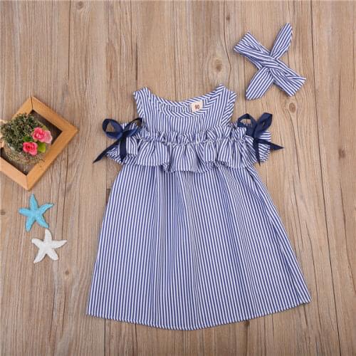 Kids Baby Girls Dress Clothes Summer Ruffles Striped Off shoulder Party Ball Gown Mini Dresses Headband Outfits Clothes