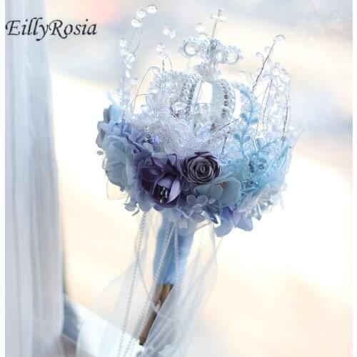 Dusty Blue Crown Crystal Bridal Bouquet Architecture Style Bride Holding Flowers Expensive Wedding Decoration Bouquet Unique