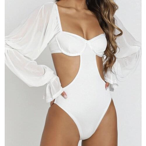 Sexy Solid Women Bodyconsuit Hollow Out Lace Patchwork Long Puff Sleeves Square Neck Backless Night Club Party 2021 Spring