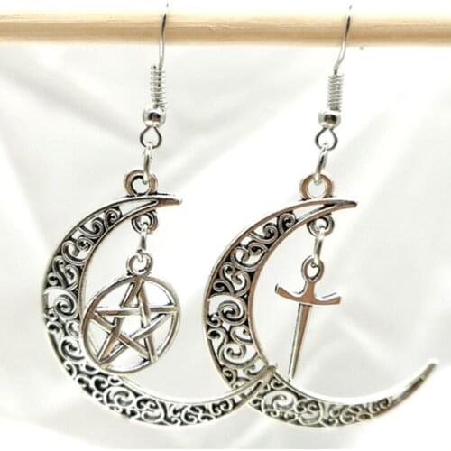 Pentagram Crescent Moon earrings ,Moon and Star earring,sword Pagan earring,Magic wand Wiccan earring,Pentagram moon