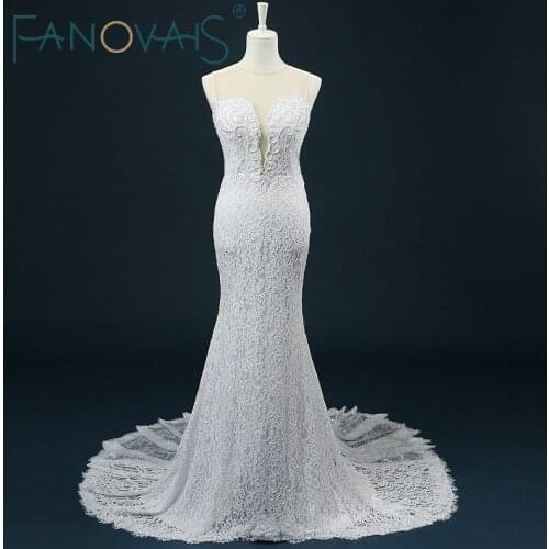 Sheer O-neck Mermaid Wedding Dress Pearls Beadig Covered Button Lace Wedding Dresses 2019 abito da sposa rosa