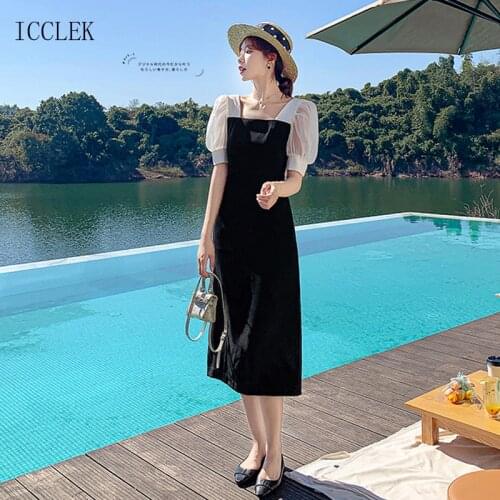 Korean Chic WomenS Dress One-Piece Elegant Sweet Square Neck Dress 2021 New Summer Dress French Vintage Ladies Dress Midi Dress