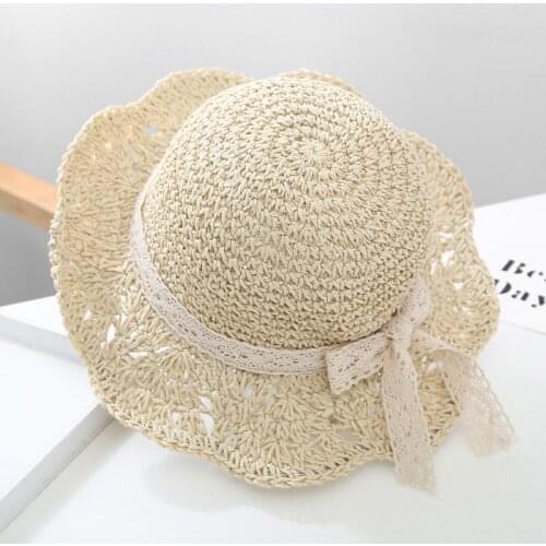 2021 Summer Straw Hats for Baby Girls Breathable Lace Cap Bow Beach Sun Hat Wide Brim Kids Princess Outdoor Travel Sunscreen Hat