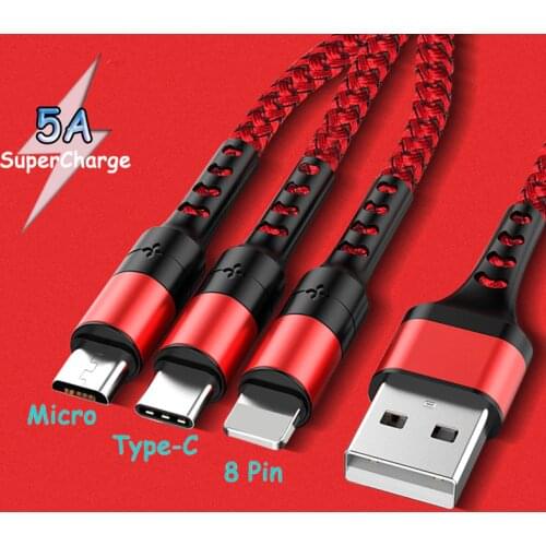 5A 3 in 1 USB Cable for iPhone Charger Fast Charging Micro USB Type C Cables for Samsung S10 Xiaomi 8 Pin Lighting Cord 2020 New