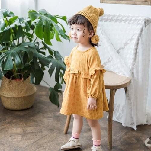 2021 Spring Childrens Girls Dress New Cotton and Linen Girls Dresses Childrens Long-sleeved Plaid Girls Dresses Baby Clothes