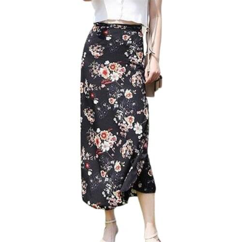 Long Skirt Women Summer 2021 Soft Wrap Fashion Flower Print Chiffon Skirts Mid-Length Split Elegant A-line Ruffle Skirt
