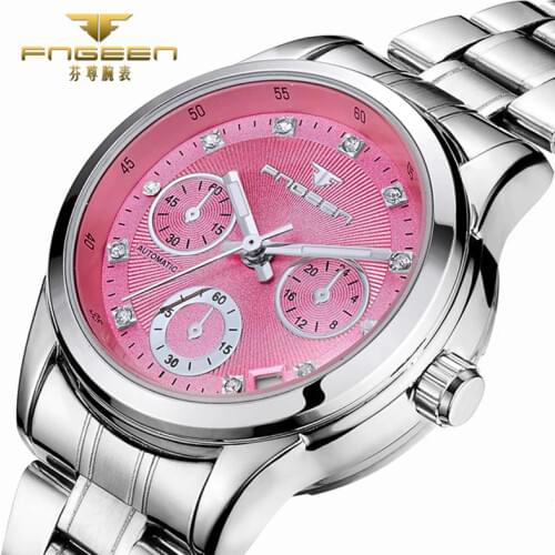 FNGEEN Brand New Fashion Women Mechanical Watches Steel Waterproof Self Winding Automatic Watch Skeleton Tourbillon Ladies Watch