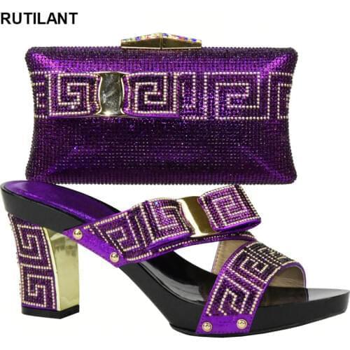 Women African Italian Shoes and Bag Sets Purple Women Shoes and Bag Set In Italy Matching Shoes and Bag Set Decorated with Stone