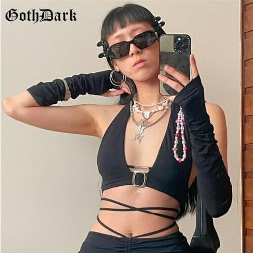 Goth Dark Punk Y2k Black Sexy Halter Tops Womens Gothic Bandage Cyber Crop Top With Sleeve Gloves Metal Buckle Backless Clothes