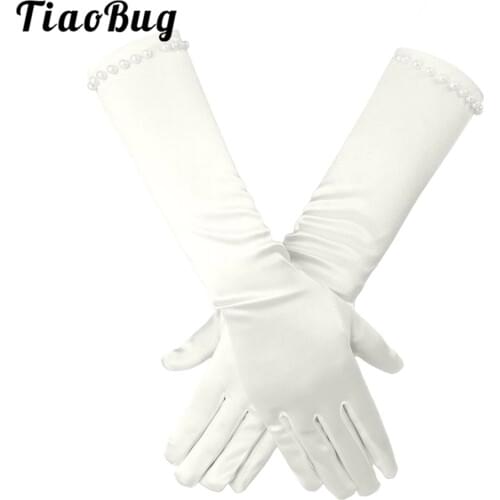 1 Pair Childrens Gloves Girls Classic White Pearls Long White Beading Glove Flower Girl Gloves for Formal Pageant Party Dresses