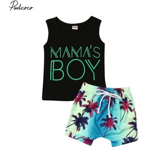 2019 Brand Infant Newborn Baby Boy Sleeveless Tank Letter Top Vest Summer Coconut Tree Print Beach Shorts Outfit Holiday Boy Set