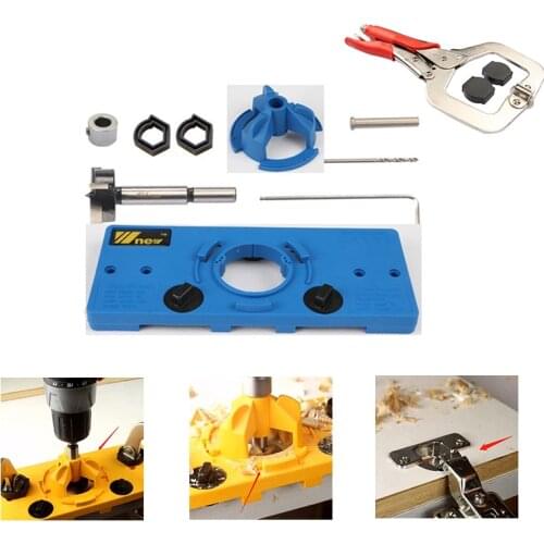 35mm Cup Style Hinge Boring Jig Drill Guide Set Door Hole Template Wood Cutter Carpenter Woodworking DIY Tools Blue Yellow Color