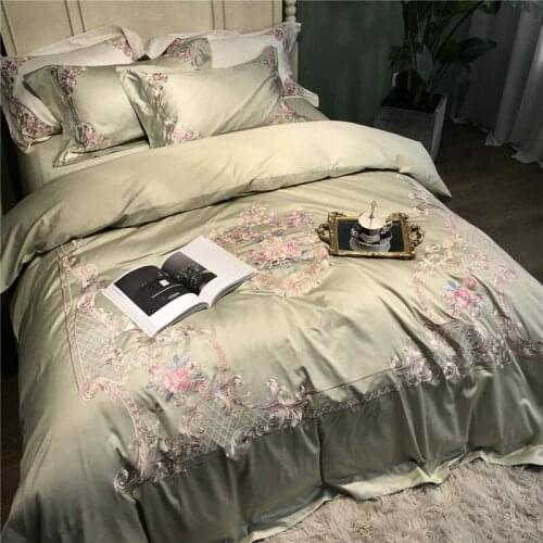 Green luxury Embroidered 120S Egyptian cotton Royal Bedding sets Queen King Wedding Duvet cover Bed sheet set Pillowcases 4pcs
