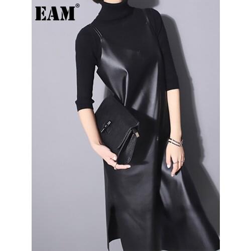[EAM] 2021 New Spring Summer Strapless Sleeveless Black Pu Leather Loose Brief Dress Women Fashion Tide All-match JO287