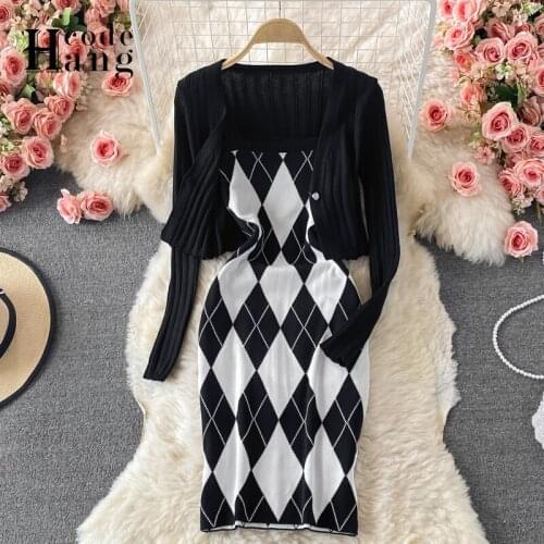 HangCode Ins Fashion Geometry Knitted Women Dress Two Piece Set Spaghetti Strap Dress and Cardigans Europe Ladies Office Dress