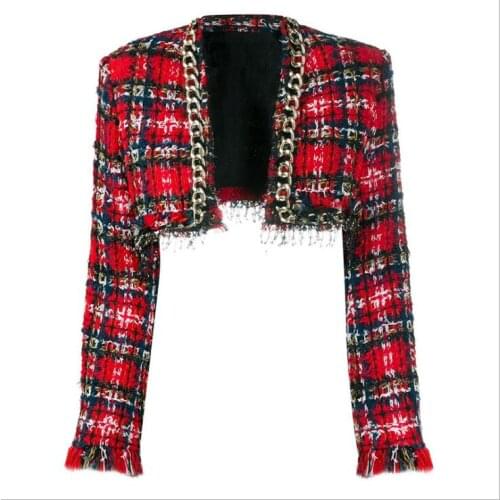 HIGH STREET Newest 2020 Designer Jacket Womens Fringed Tassel Plaid Tweed Crop Short Jacket