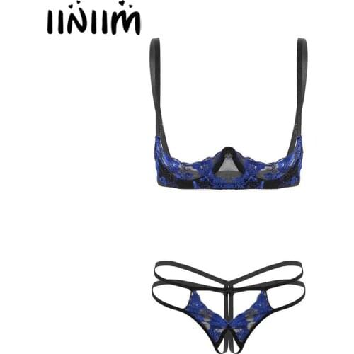 Iiniim Womens Femme Erotic Lace Lingerie Set Exposed Breasts Underwire Open Cup Bra Top with Crotchless Open Crotch Sissy Briefs