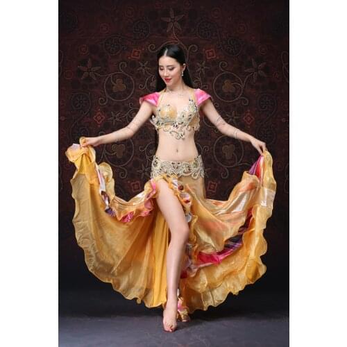 Dancers Leader 2019 new arrival belly dance Gold 3Pieces set sexy hand-embroidered bra belly dance performance clothing