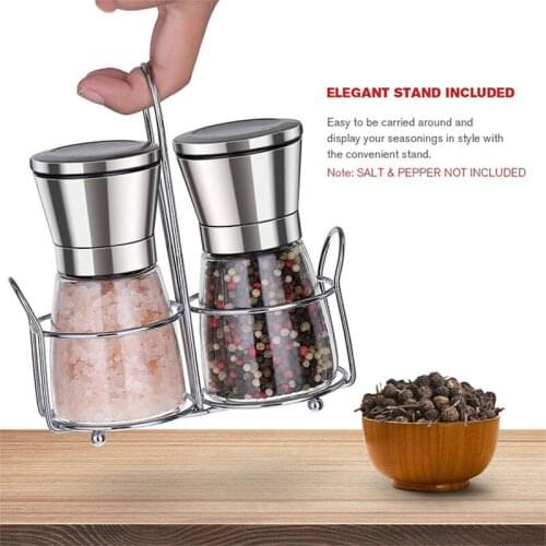 2PCS Fashion Stainless Steel Grinder Glass Body Spice Salt And Black Pepper Grinder Kitchen Accessories Portable Cooking Tool