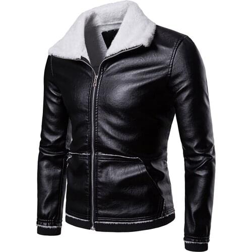 Mens Thick Leather Coat Turn-Down Collar Fashion Casual Smooth Lamb Faux Fur Unfilled Bomber Jacket Male Windproof Warm Clothing