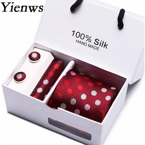 Yienws Neck Tie for Men Fashion Jacquard Dot Ties Male Burgundy Necktie Sets Business Wedding Silks Ties Stropdas YiG055