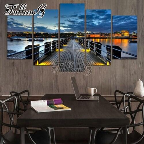 FULLCANG 5 piece diy diamond painting harbour pier night scenery full square/round drill 5d embroidery multi-picture art FC663