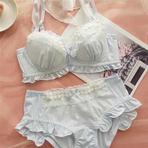 Kawaii Lolita Underwear Seamless Lingerie Blue Push Up Bra and Panty Set for Women Girls Ruffles Sweet Cute Plus Size Bra Briefs