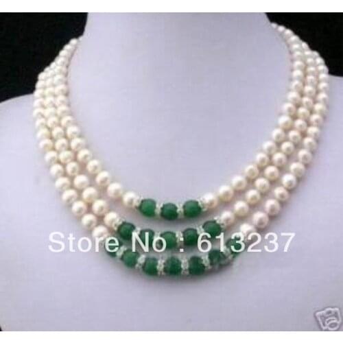 New Fashion Style diy 3Rows 7-8MM White Akoya Pearl and Green chalcedony chain Necklace 17-19inch MY5282