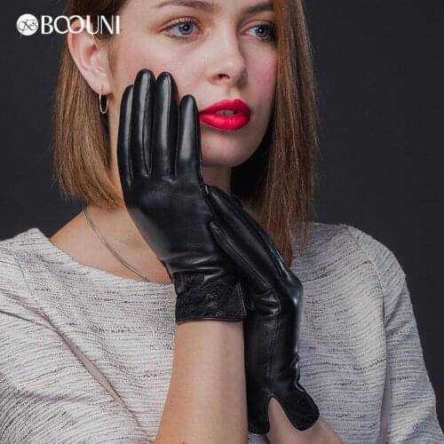 BOOUNI Genuine Leather Gloves High Quality Women Fashion Black Lace Embroidery Sheepskin Gloves Winter Driving Glove NW075