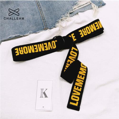 Love Me More Women Harajuku Belt Red Letter Printed Fashion Unisex Double D Ring Canvas Strap Female Long Belts For Jeans 103