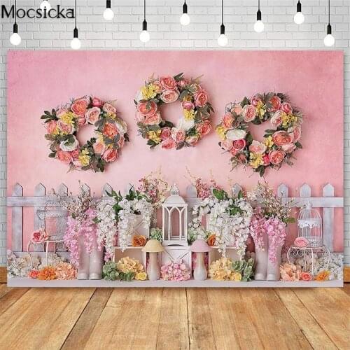 Pink Garden Flowers Backdrop Girl Birthday Cake Smash Photography Backdrops Rain Boot Decor Photocall Background Photo Studio