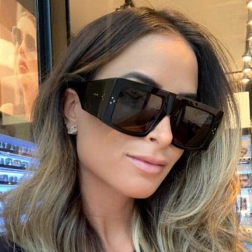 FEISHINI Flat Top Sun glasses Oversized Cool Goggles Men Square Sunglasses Women Fashion Famous Brand Rivet Black Vintage Shades