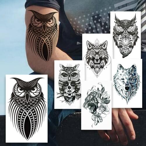 Geometric Owl Fake Temporary Tattoos For Men Women Tribe Wolf Tattoo Sticker Skeleton Tiger Flower Waterproof Tatoo Body Art Arm