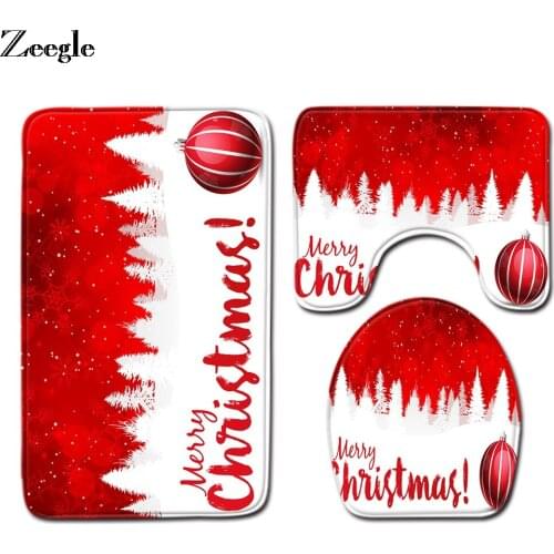 Zeegle Christmas 3pcs Bath Mat Set Anti Slip Bath Floor Mat Bathroom Doormat Absorbent Toilet Pedestal Rug Foot Mat Toilet Set