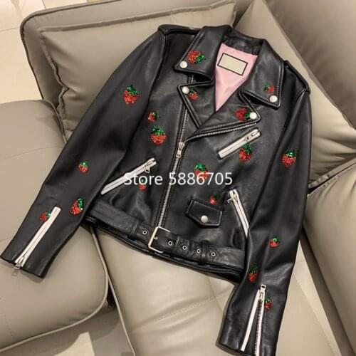 Luxury sequins strawberry short sheepskin real leather jackets 2021 women brand designer moto biker genuine leather coat S422