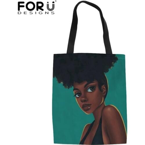 FORUDESIGNS Womens Foldable Shopping Bags for Females Black Art African Girl Printing Linen Tote Bag Ladies Shopper Bag Storage