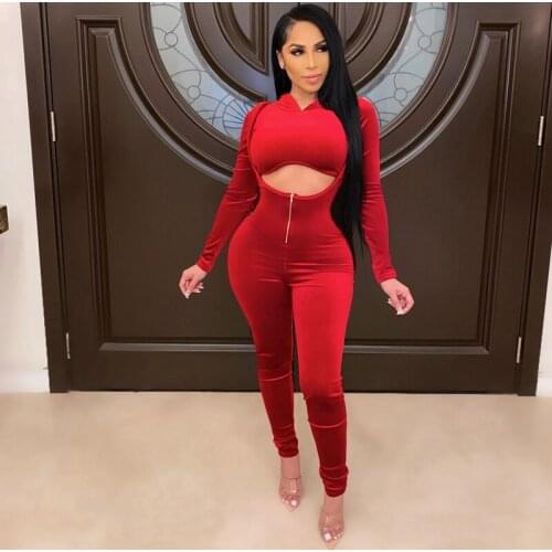 Winter Velvet Two Piece Set Women Clothes Clubwear Hooded Crop Top Long Pants Jumpsuit Set Party Night Sexy 2 Piece Club Outfits