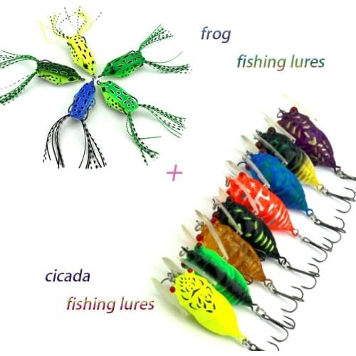 13pcs/lot soft hollow body frog fishing lures and hard ABS plastic cicada fishing baits trout isca pesca fishing tackles set