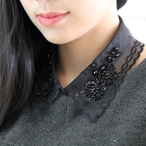 Rhinestones White Cotton Shirt Fine women shirt Sweet retro lace flower collar pearl flash drill false collar fashion nail beads