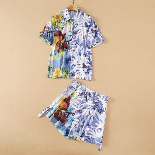 European and American womens wear 2021 new style shirt short sleeves and lapels Butterfly and bird print shorts Fashion suits
