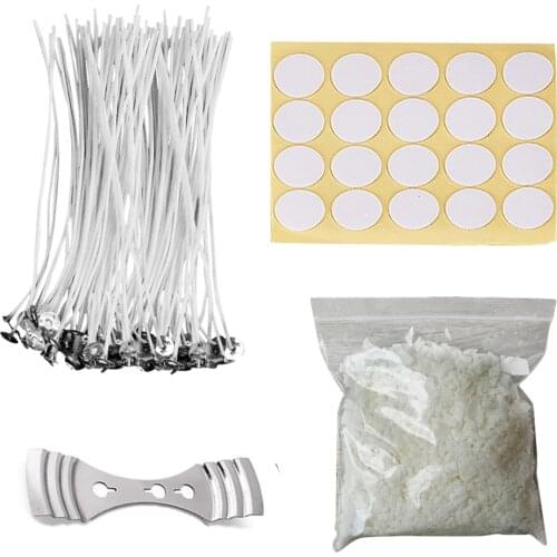 50pcs Low Smoke Candle Wick with 20pcs Candle Wick Stickers 1pc Candle Wick Centering Device and 200g Soy Wax DIY Candle Making