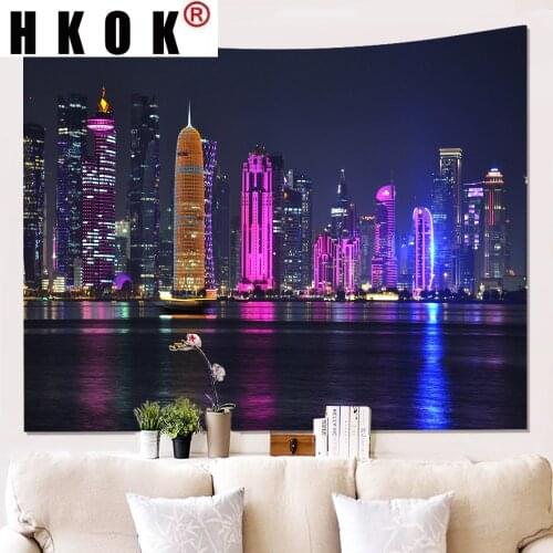 HKOK Modern City Skyscrapers Lights Tapestry Hanging Covering Rugs Background Cloth Mat Blanket Bedroom Living Home Decor