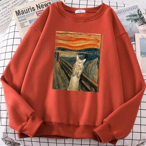 Oil Painting CatS Dusk Printed Hoodies Female Loose Fleece Pullover Crewneck Pattern Sweatshirts Autumn Fashion Hoody Womens