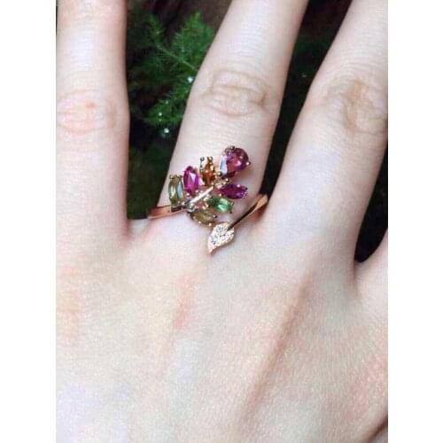 Luxurious flower Natural Multicolor tourmaline Ring S925 Silver Natural gemstone Adjustable size Ring Women party gift Jewelry