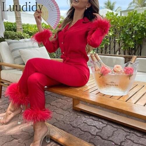 Long Sleeve Button Up Top & Slim Pants Set Two Piece Chic Feather Detail Lounge Suits