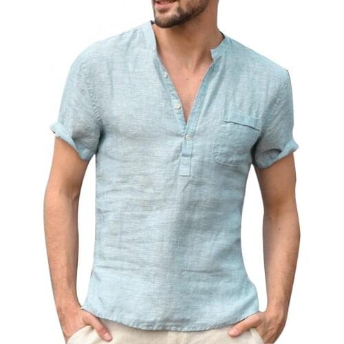 70% Dropshipping!Men Solid Color Polyester Button V Neck Patch Pocket Linen Short Sleeve Plus Size Shirt Summer Top